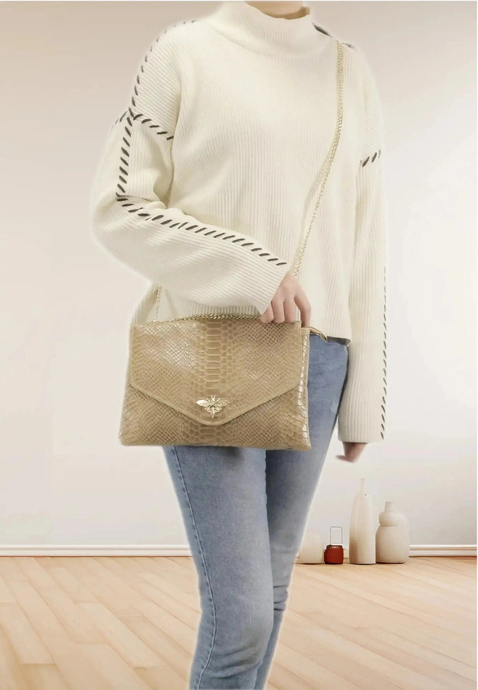 Made in Italy Sac bandoulière chaîne cuir femme croco beige