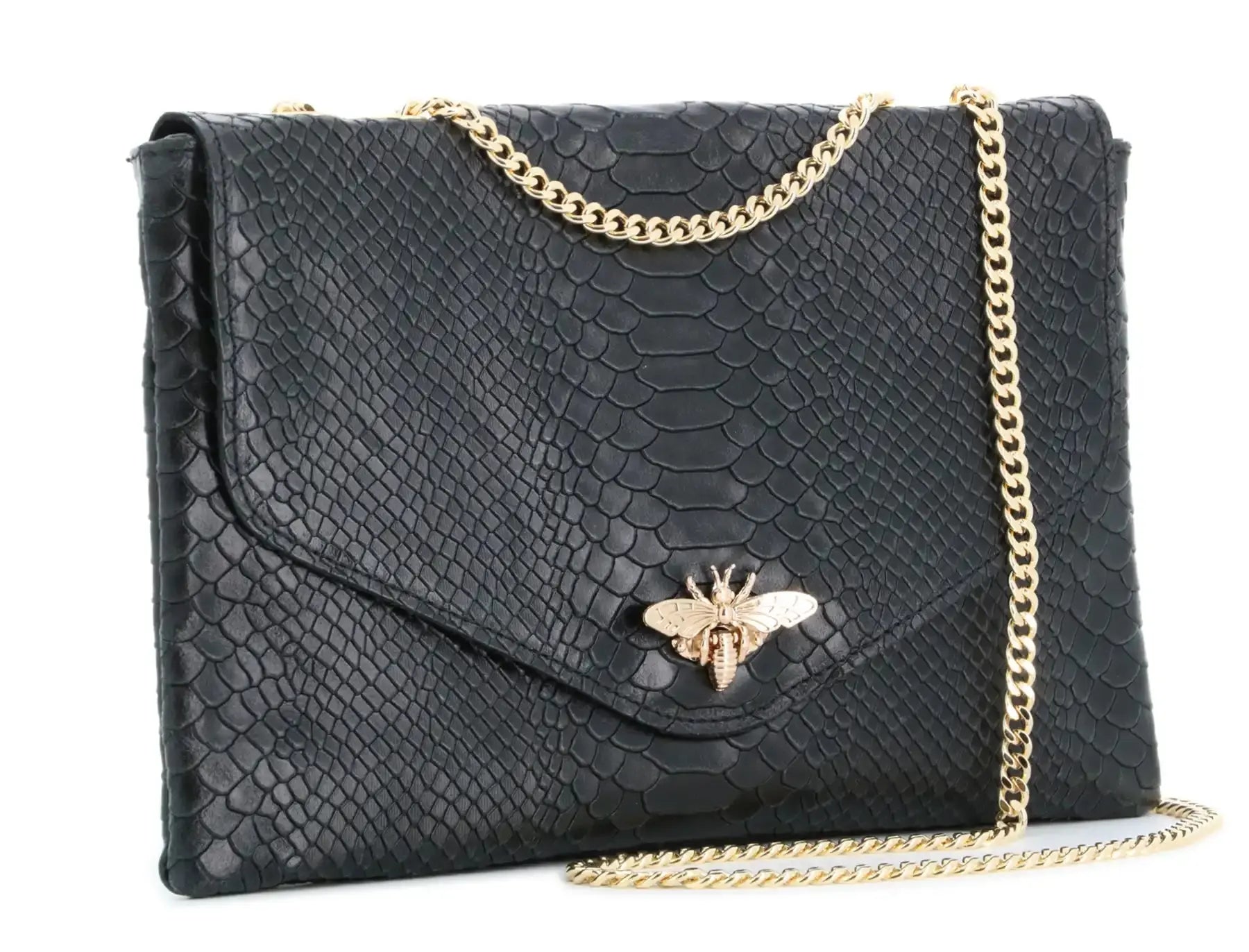 Made in Italy Sac bandoulière chaîne cuir femme croco noir