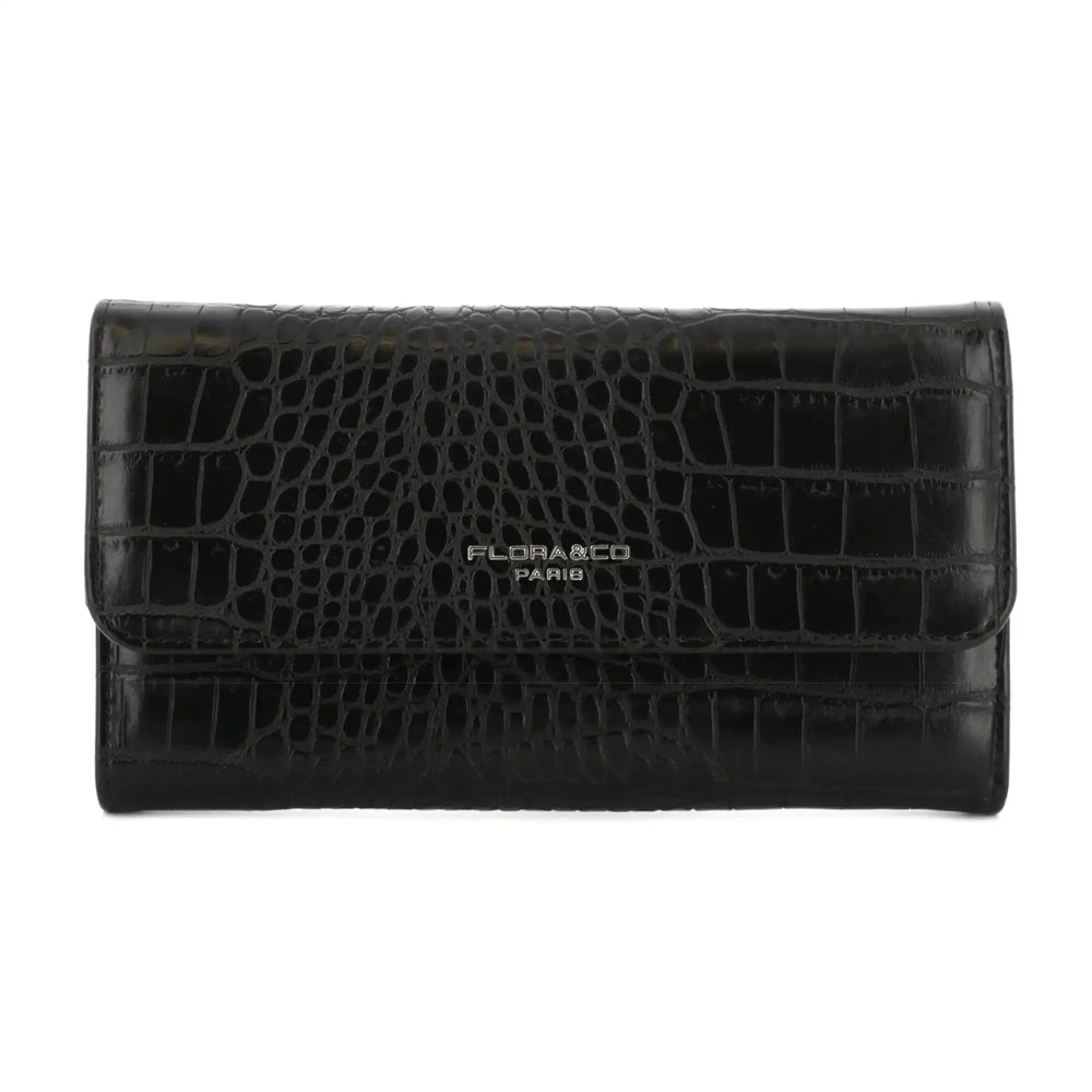 Flora & co Portefeuille croco long à triple pli noir