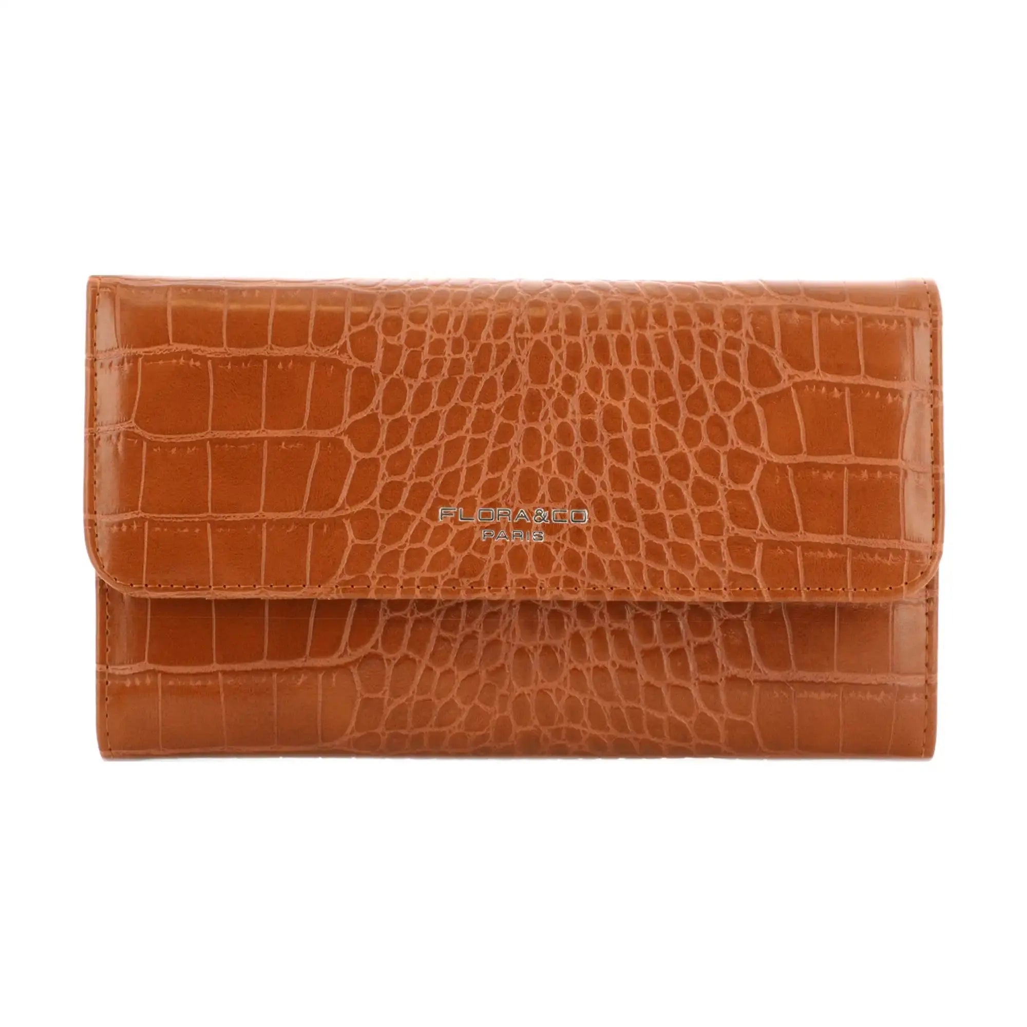 Flora & co Portefeuille croco long à triple pli camel