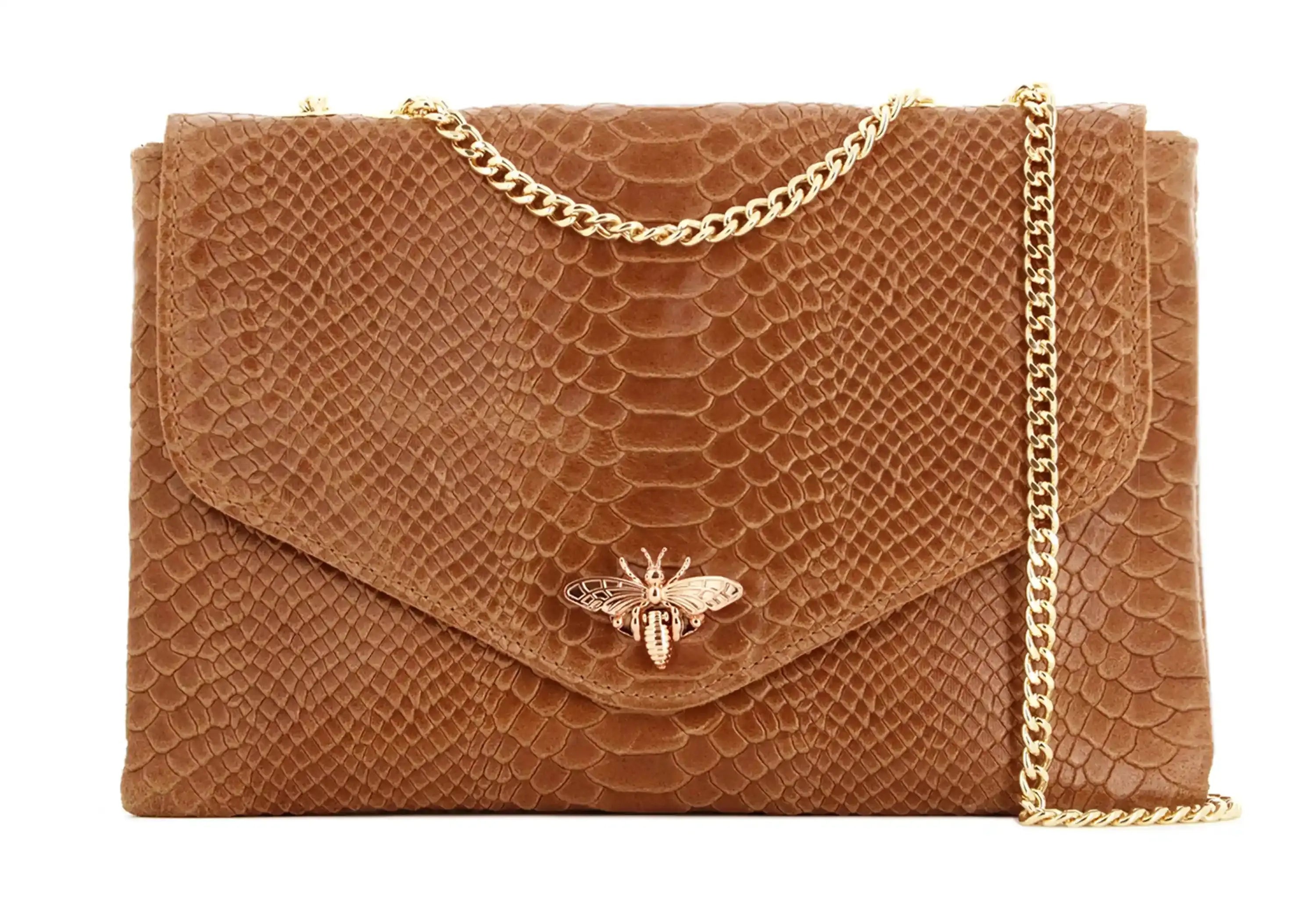 Made in Italy Sac bandoulière chaîne cuir femme croco camel
