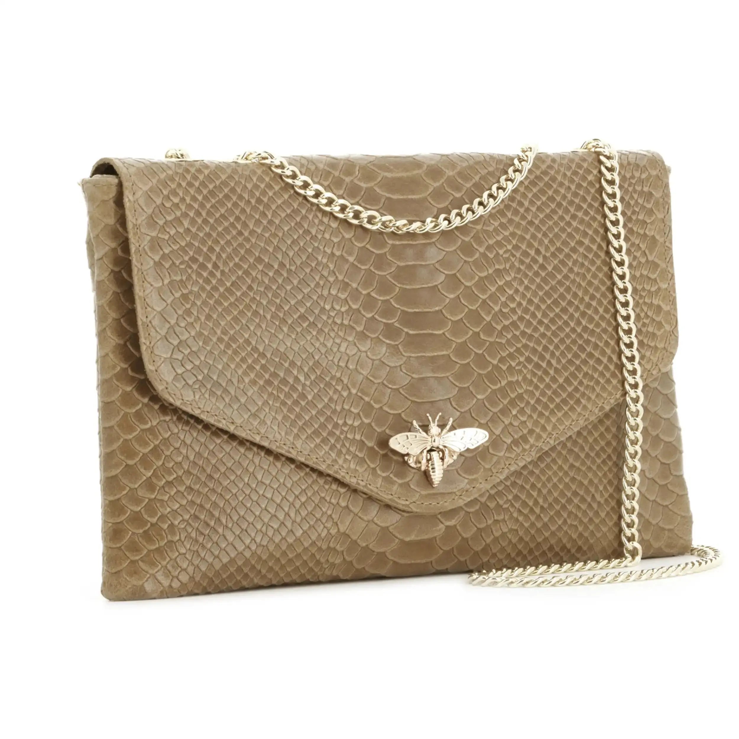 Made in Italy Sac bandoulière chaîne cuir femme croco taupe