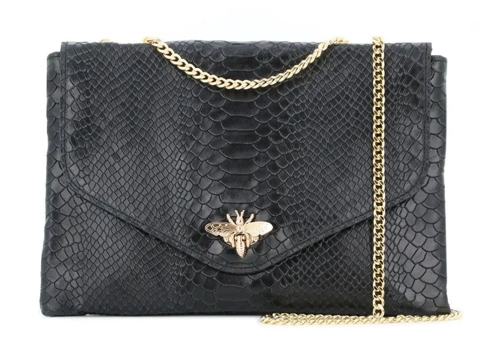 Made in Italy Sac bandoulière chaîne cuir femme croco noir