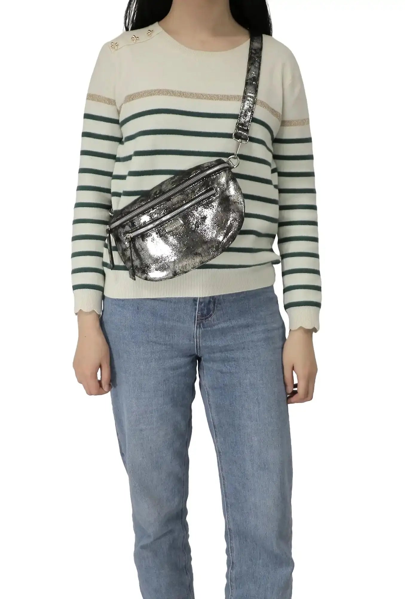 Flora & co Sac banane bandoulière suédine gris argent