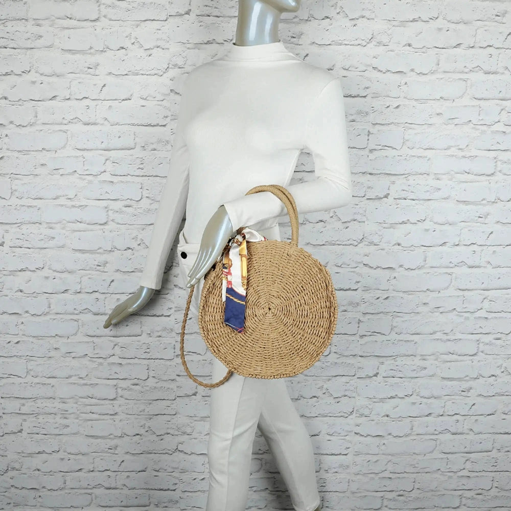 Sac à main femme rond paille tressé bleu