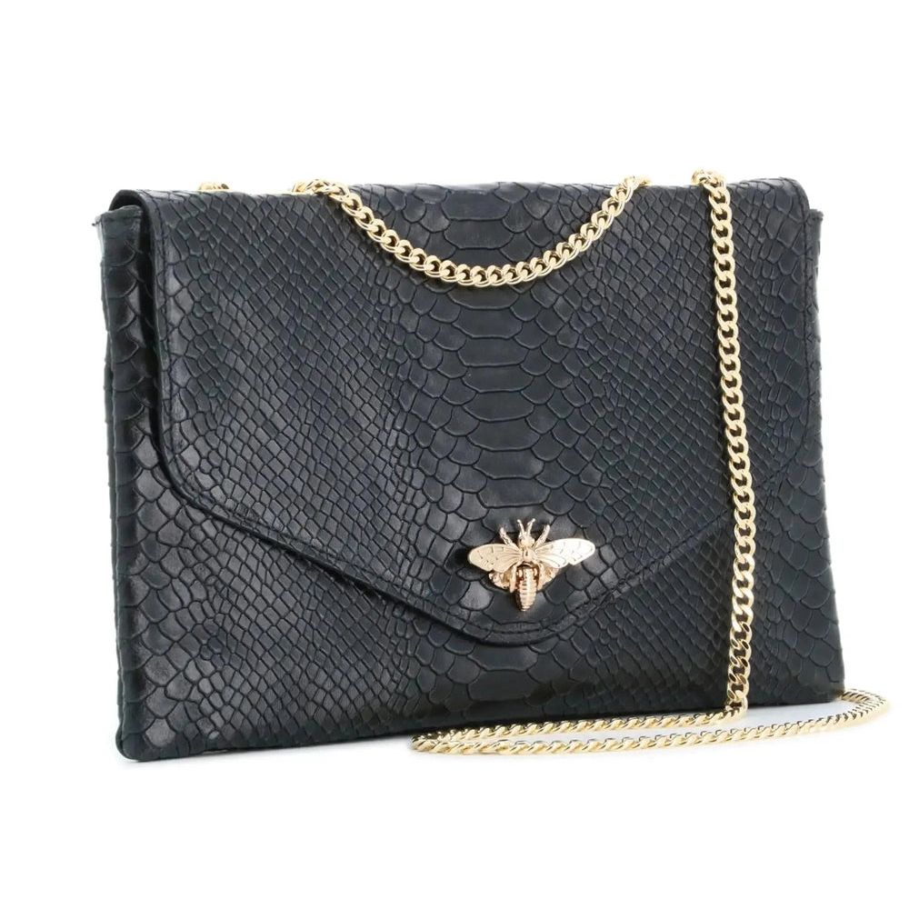 Made in Italy Sac bandoulière chaîne cuir femme croco noir