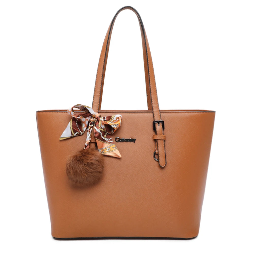 Sac cabas femme a4 pompon fourlard camel