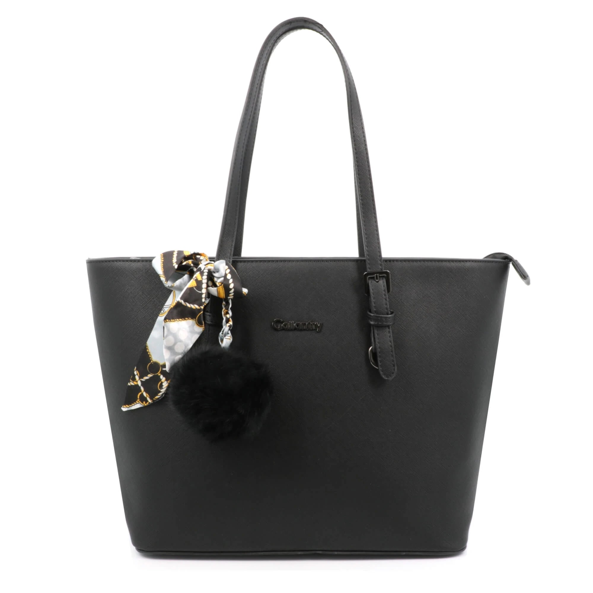 Sac cabas femme a4 pompon fourlard noir