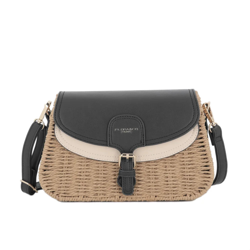 Sac banoulière paille à rabat Noir Flora & co