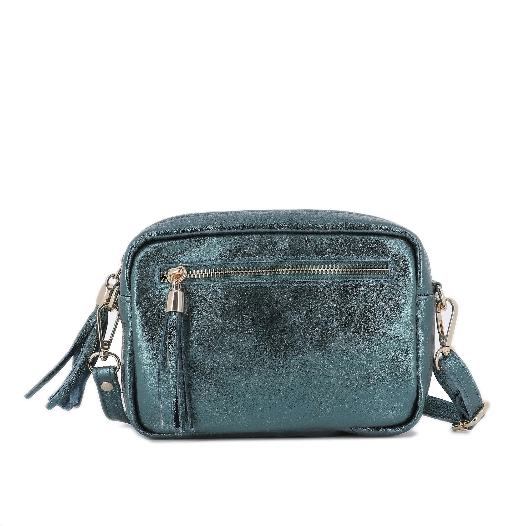Sac bandoulière femme cuir irisé bleu canard élégant et tendance.