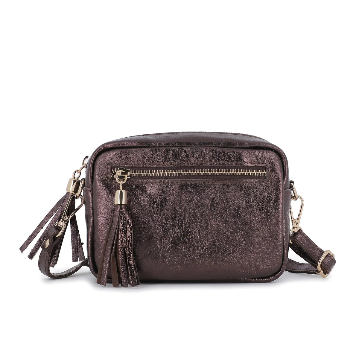 Sac bandoulière femme cuir marron irisé élégant et tendance.