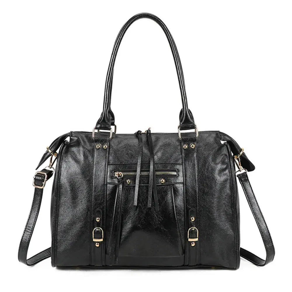 Large black iridescent bowling handbag