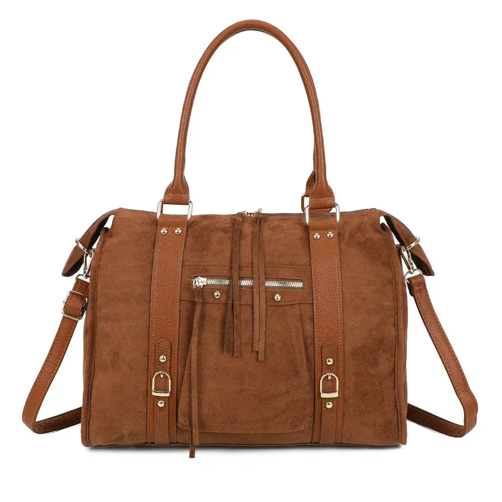 Grand sac bowling similicuir suédine femme Marron main image