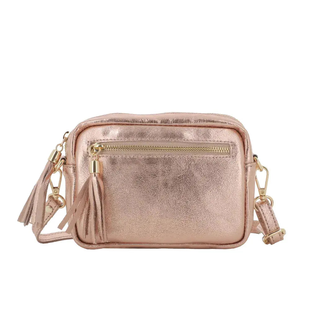 Petit sac bandoulière carré cuir irisé Or Rose main image