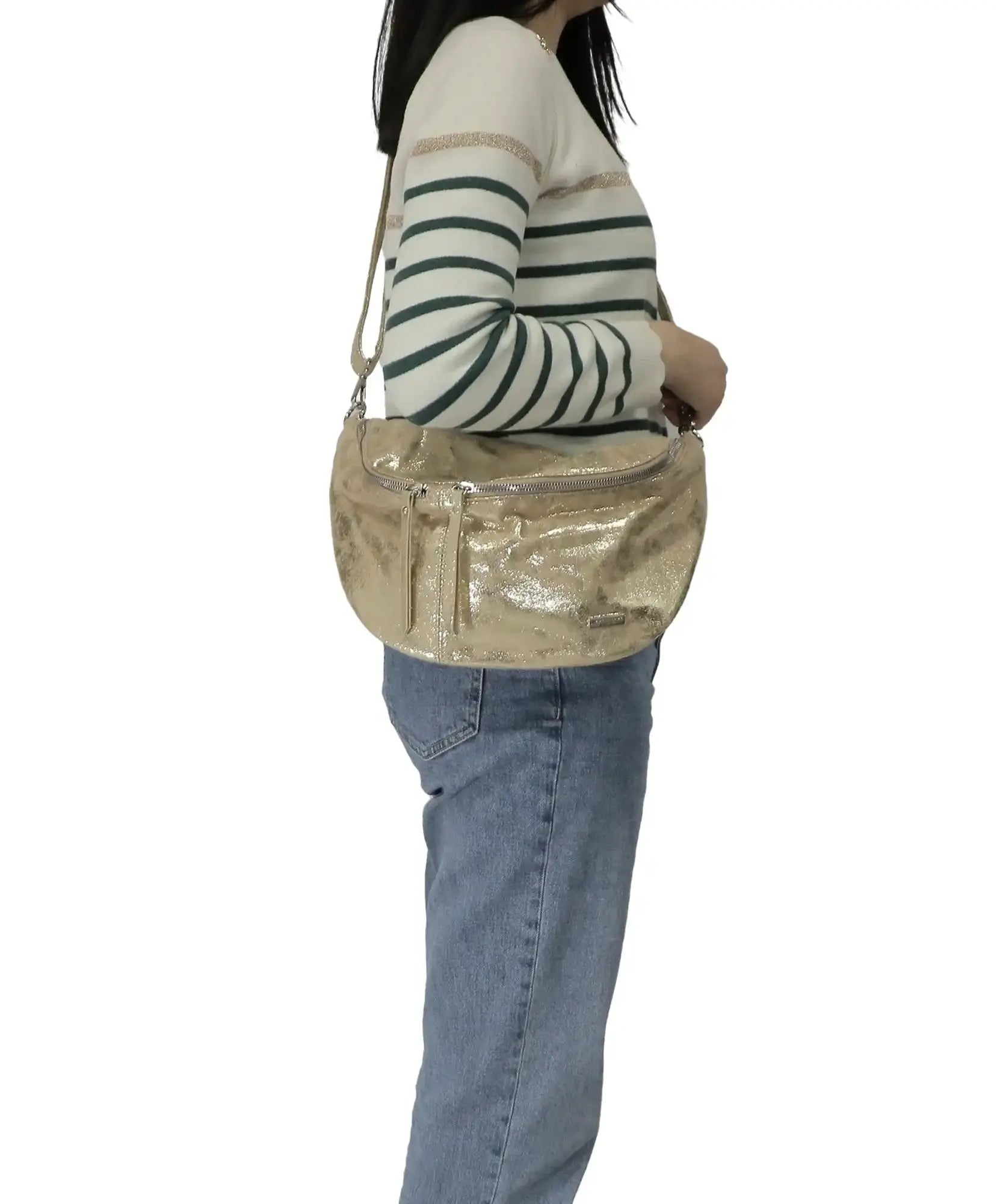 Flora & co Sac banane bandoulière femme daim irisé or
