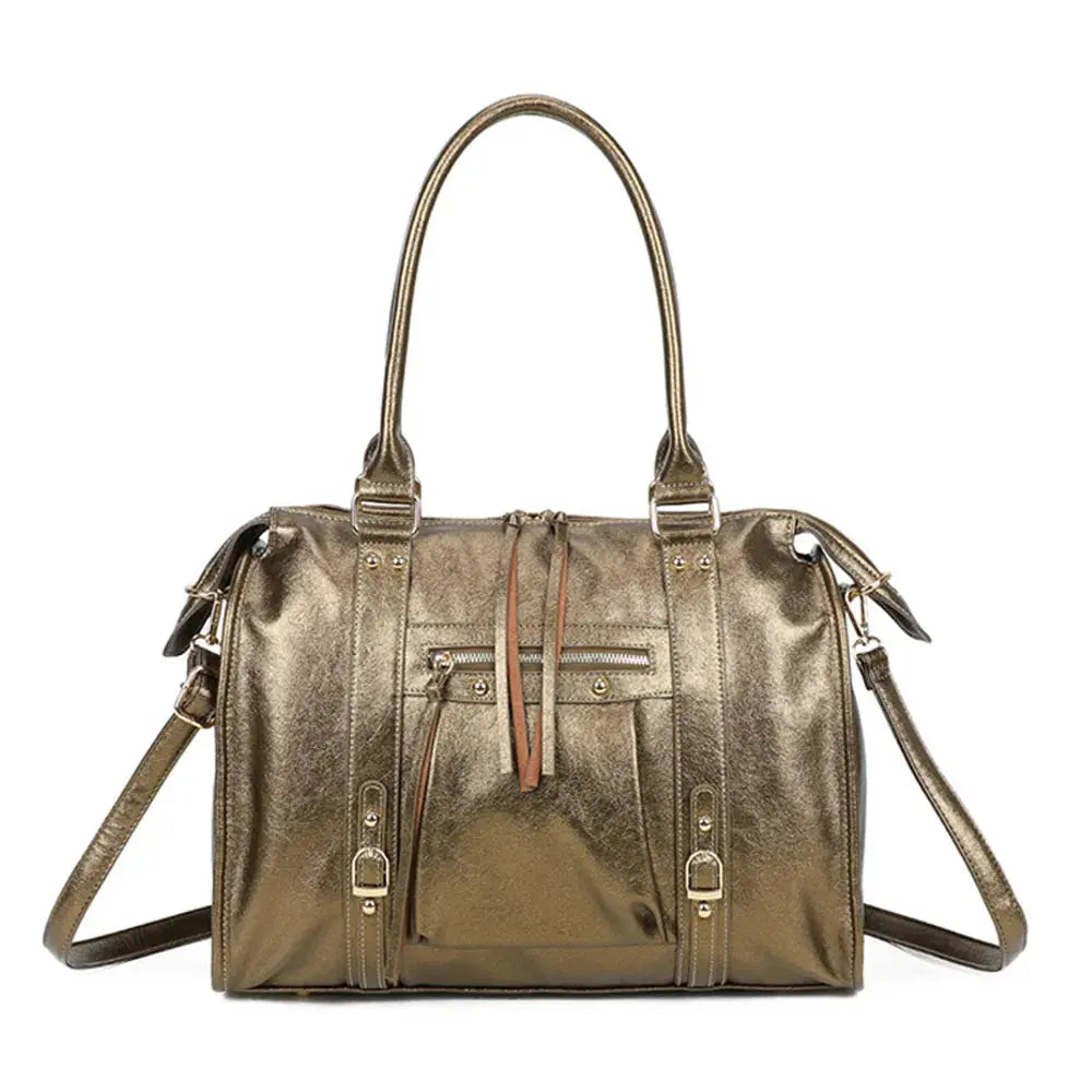 Large black iridescent bowling handbag