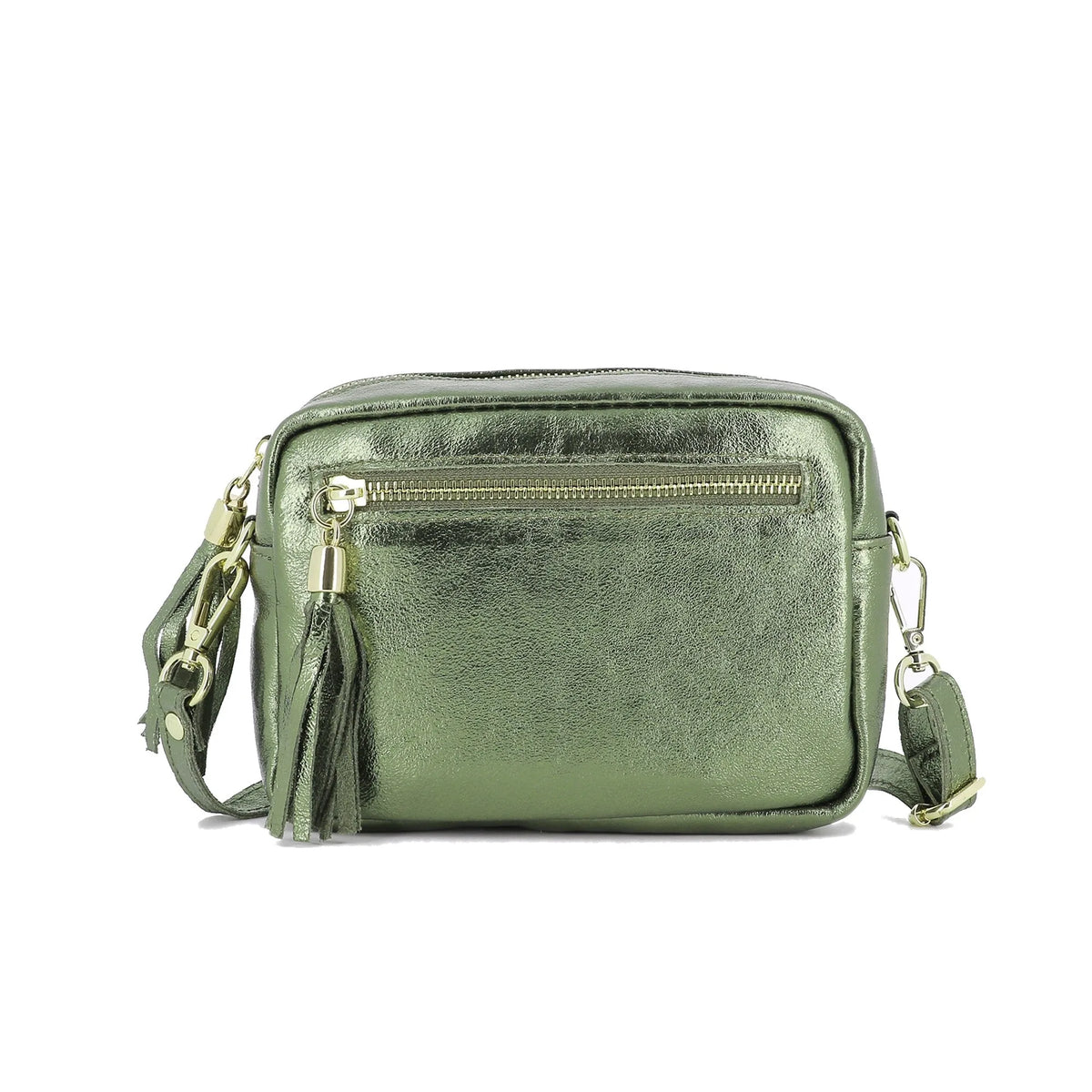 Sac bandoulière femme cuir irisé vert olive élégant.