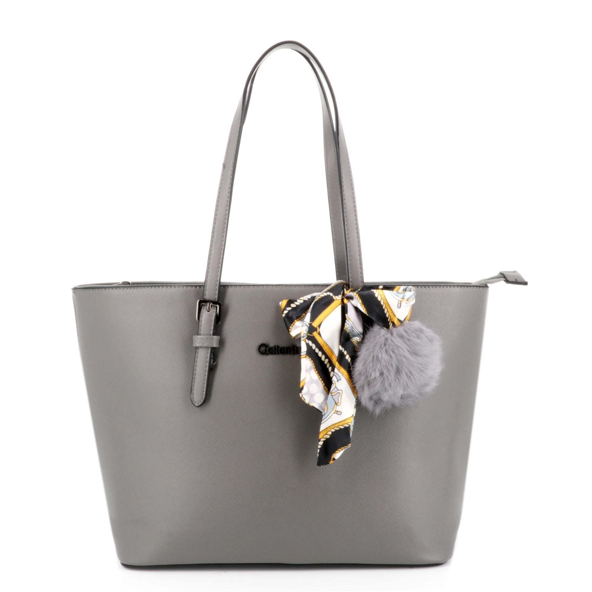 Sac cabas femme a4 pompon fourlard gris foncé