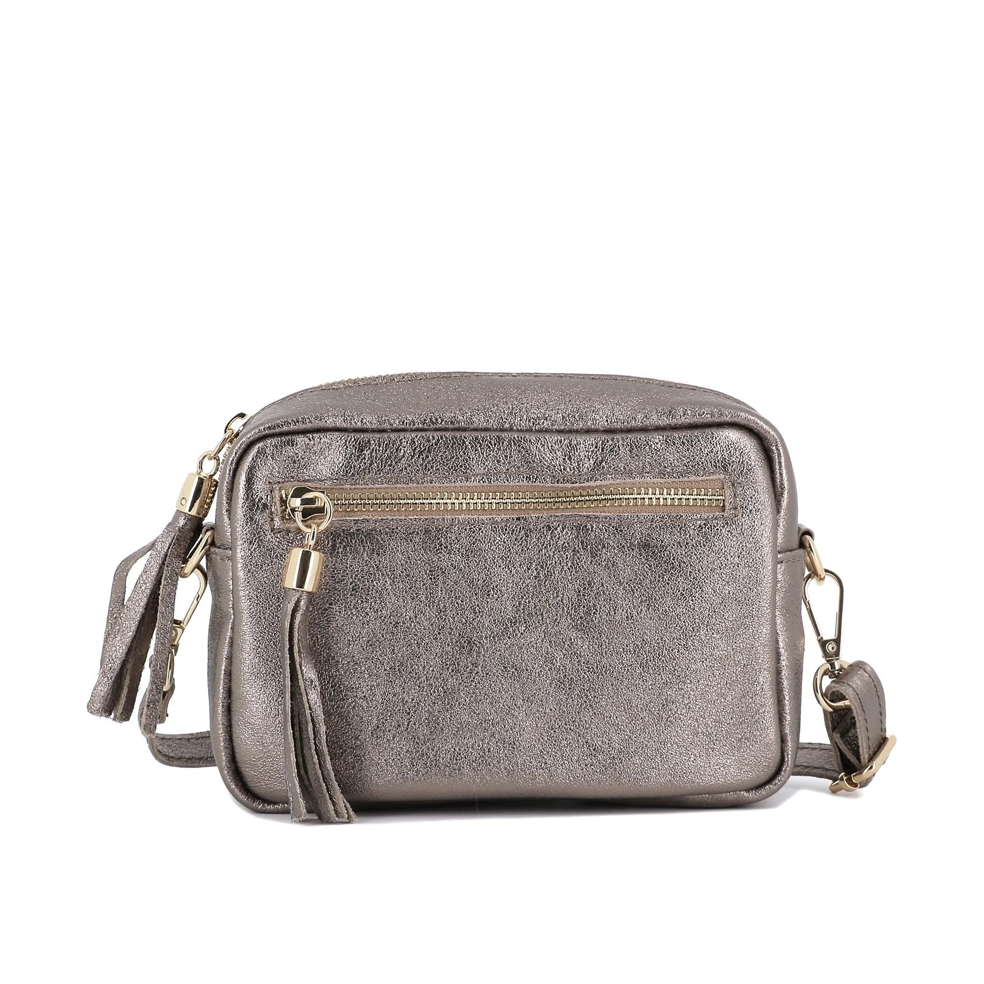 Sac bandoulière femme cuir irisé taupe élégant style tendance