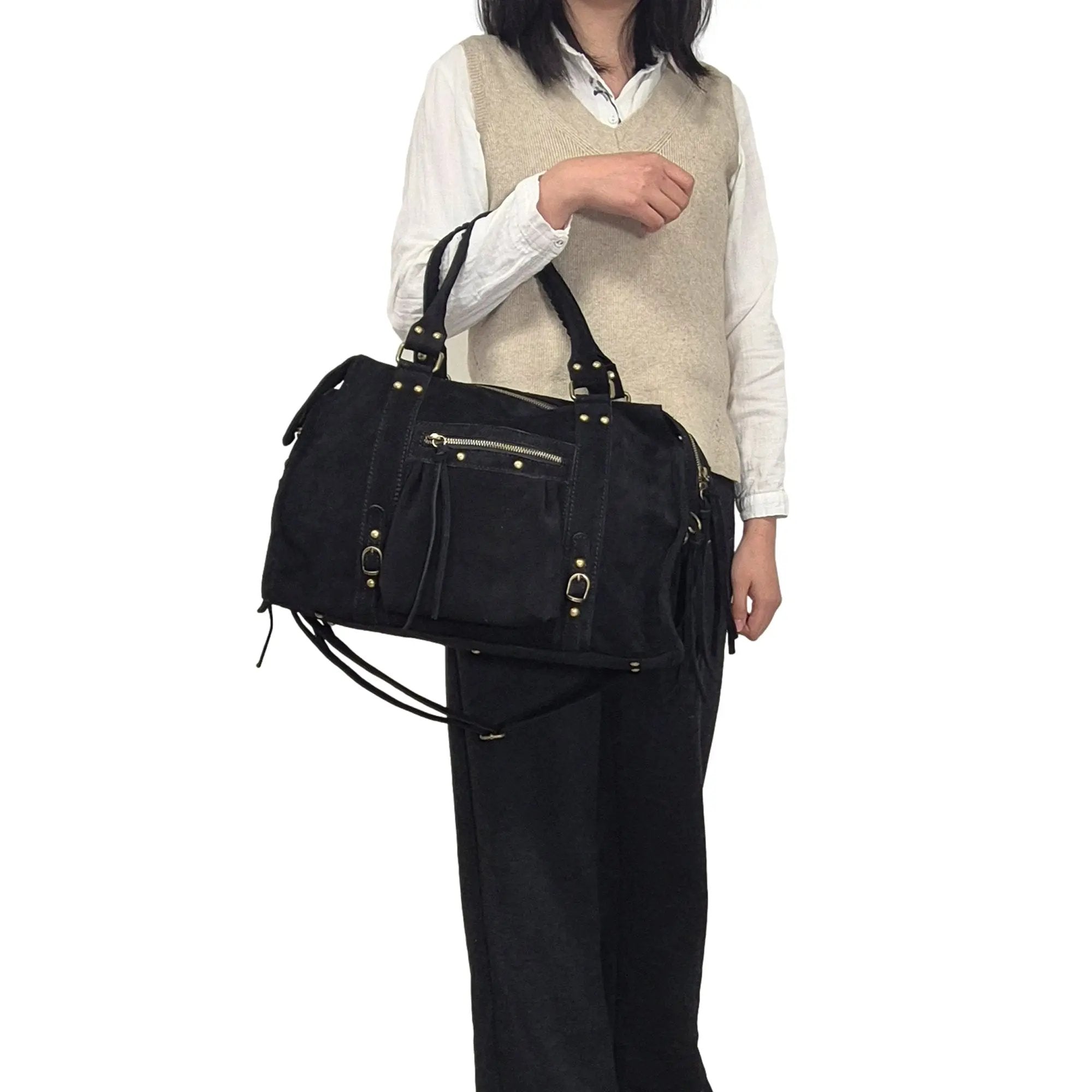 Sac à main bowling en cuir daim noir