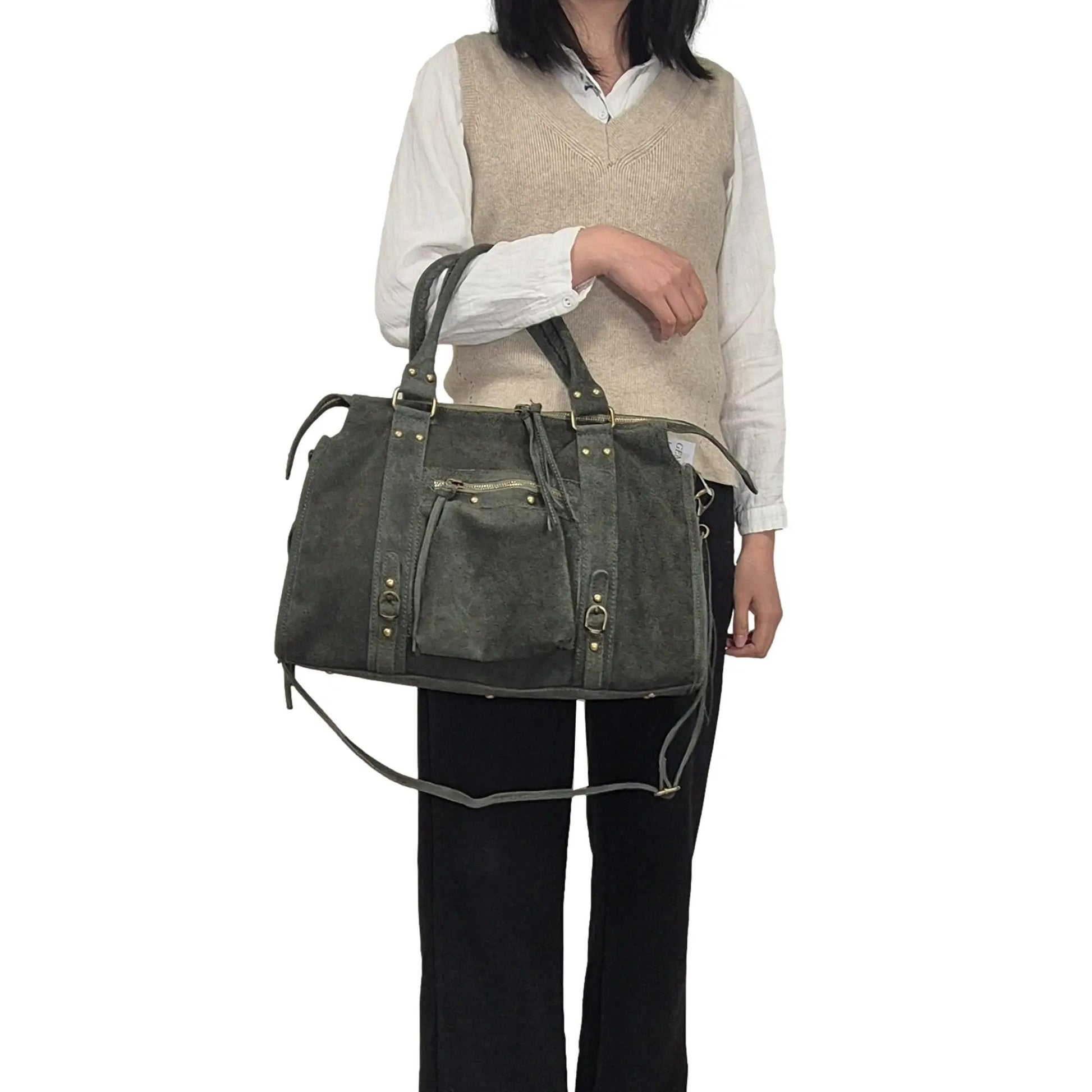 Sac à main bowling en cuir daim kaki