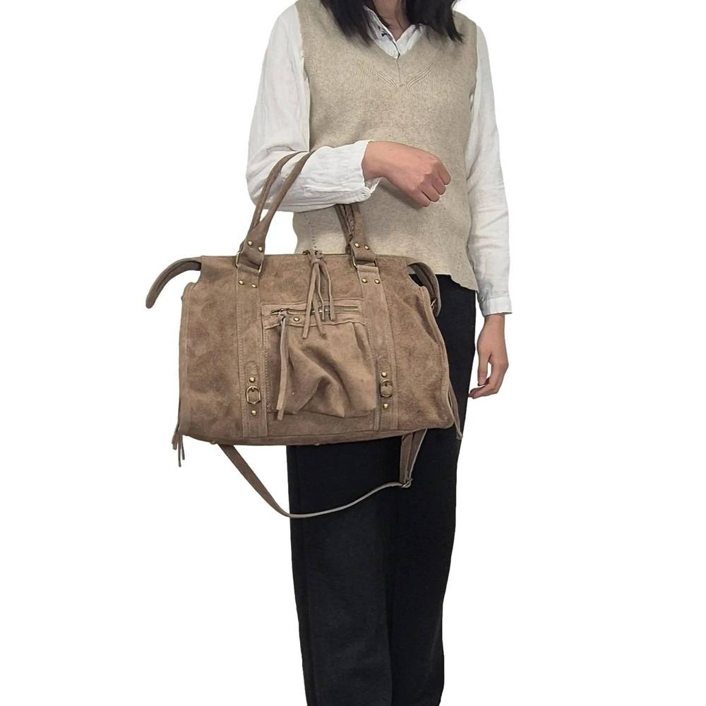 Sac à main bowling en cuir daim taupe