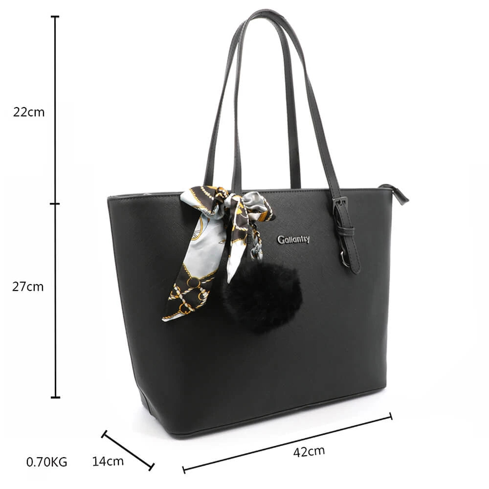 Sac cabas femme a4 pompon fourlard noir