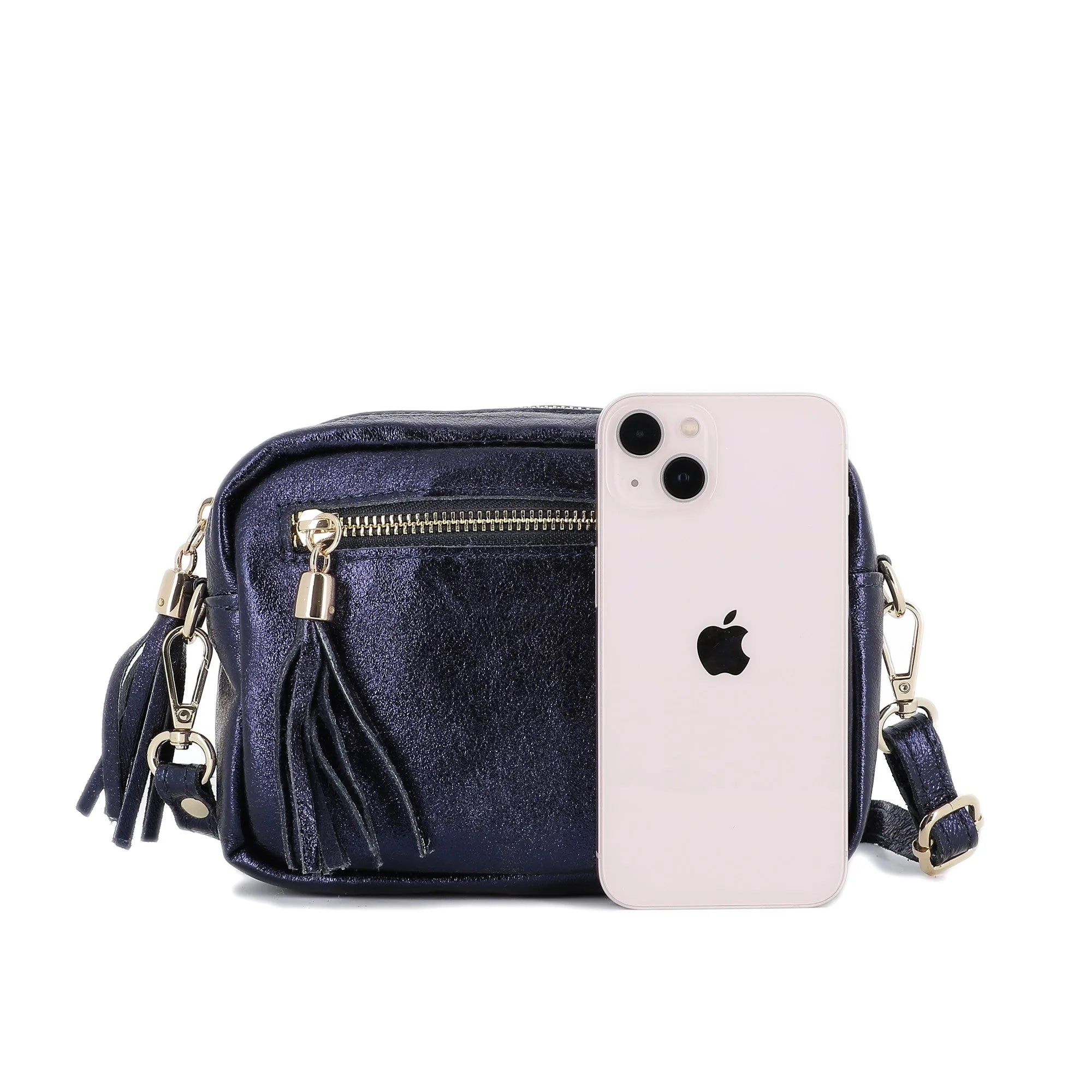 Sac bandoulière femme cuir irisé bleu marine élégant et tendance.