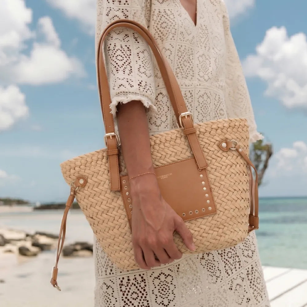 Sac plage paille tressé Femme Camel - Crocochic
