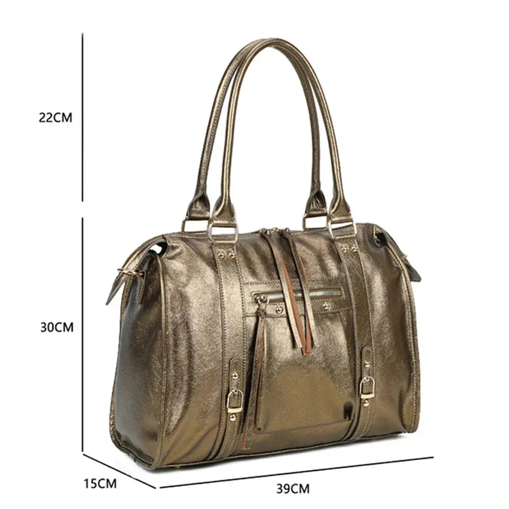 Large black iridescent bowling handbag