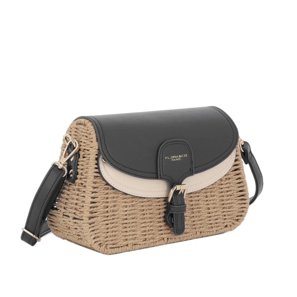 Sac banoulière paille à rabat Noir Flora & co