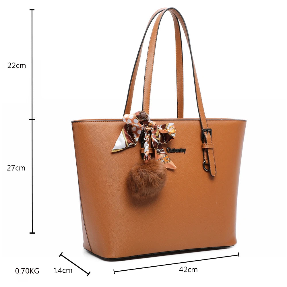 Sac cabas femme a4 pompon fourlard camel