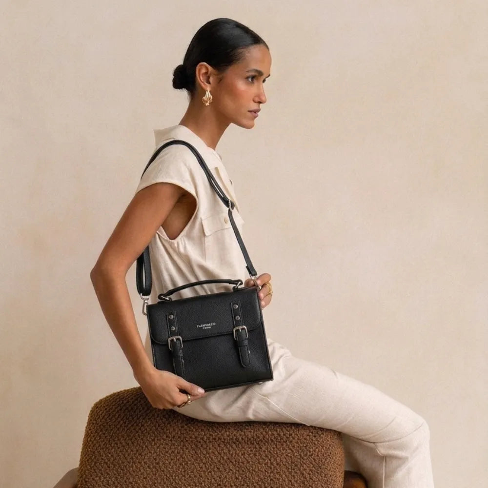 Sac cartable bandoulière femme broderie noir - Crocochic