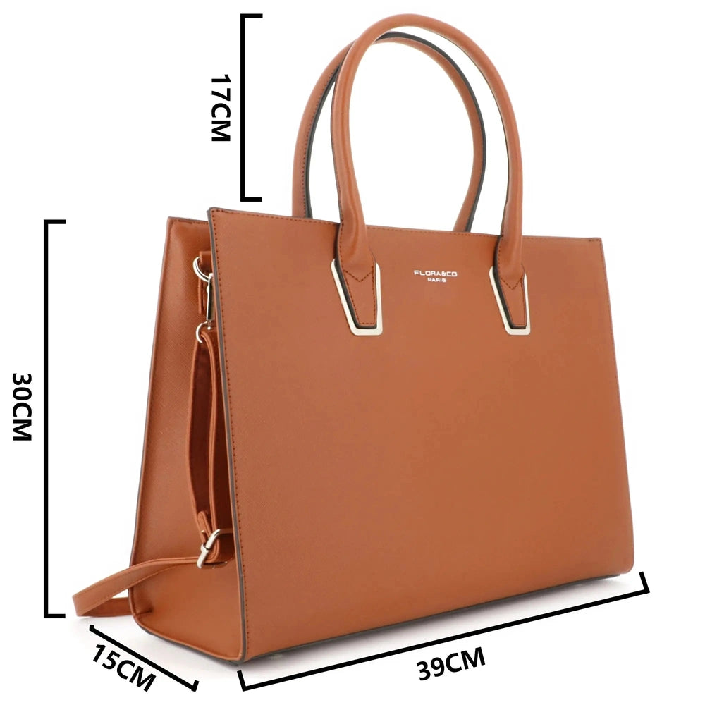 Flora & co Sac cabas femme saffiano multipoches a4 camel