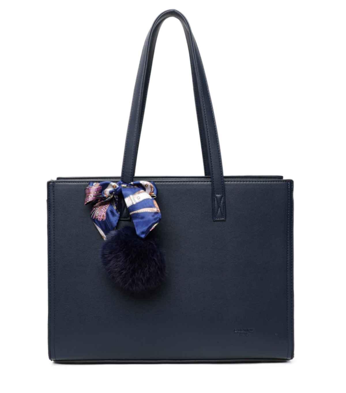 Gallantry - Sac cabas femme pompon fourrure a4 bleu