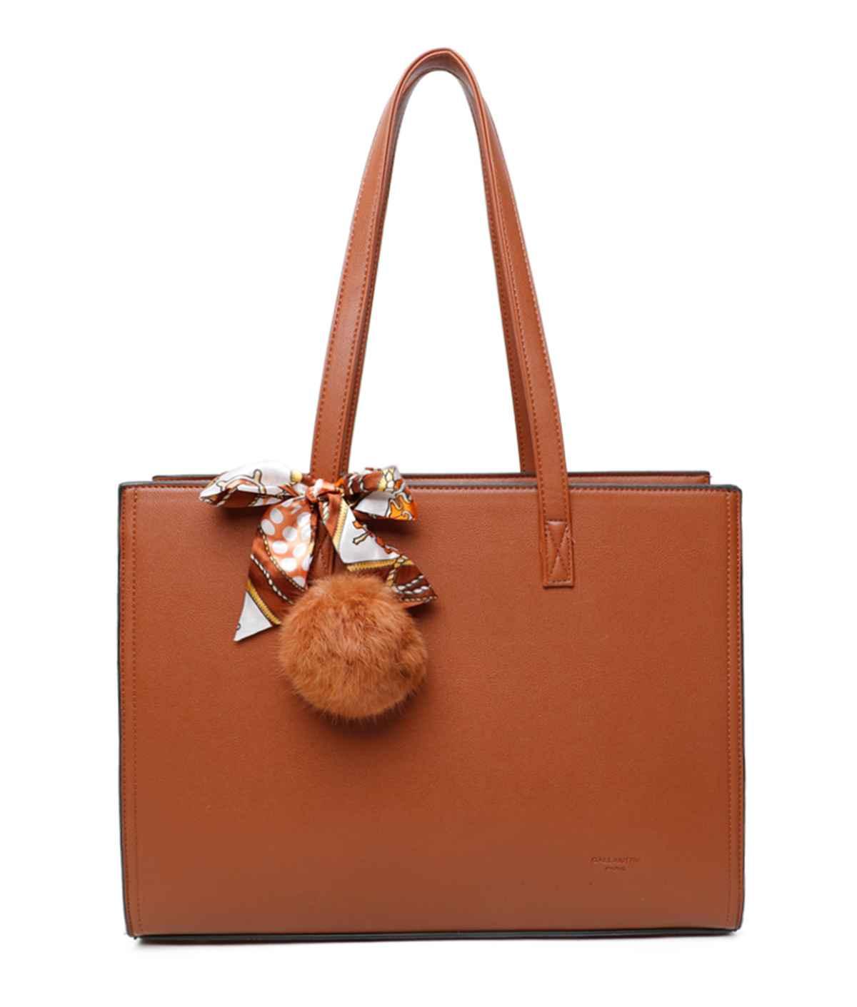 Gallantry - Sac cabas femme pompon fourrure a4 camel