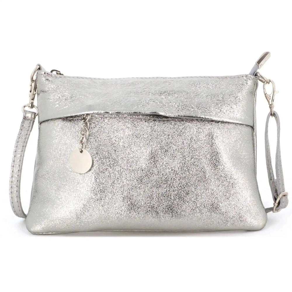 Made in Italy Pochette bandoulière cuir irisé lanière Argent