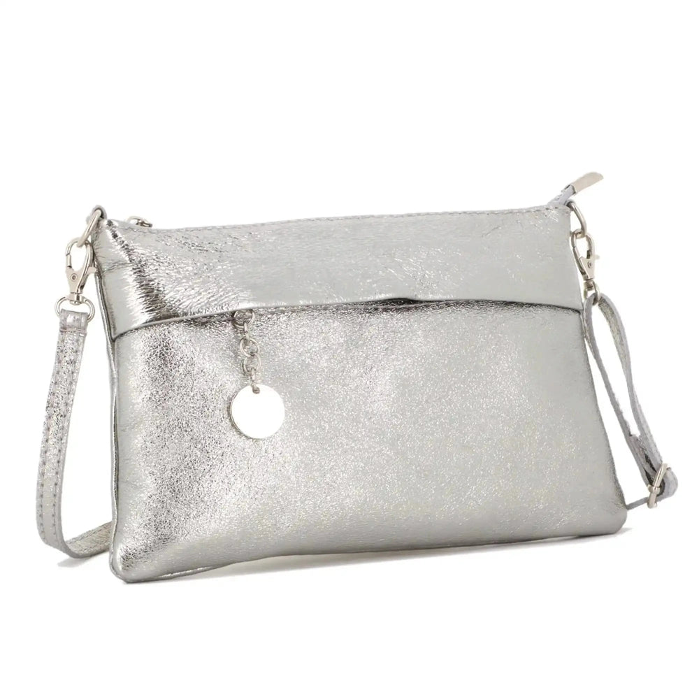 Made in Italy Pochette bandoulière cuir irisé lanière Argent