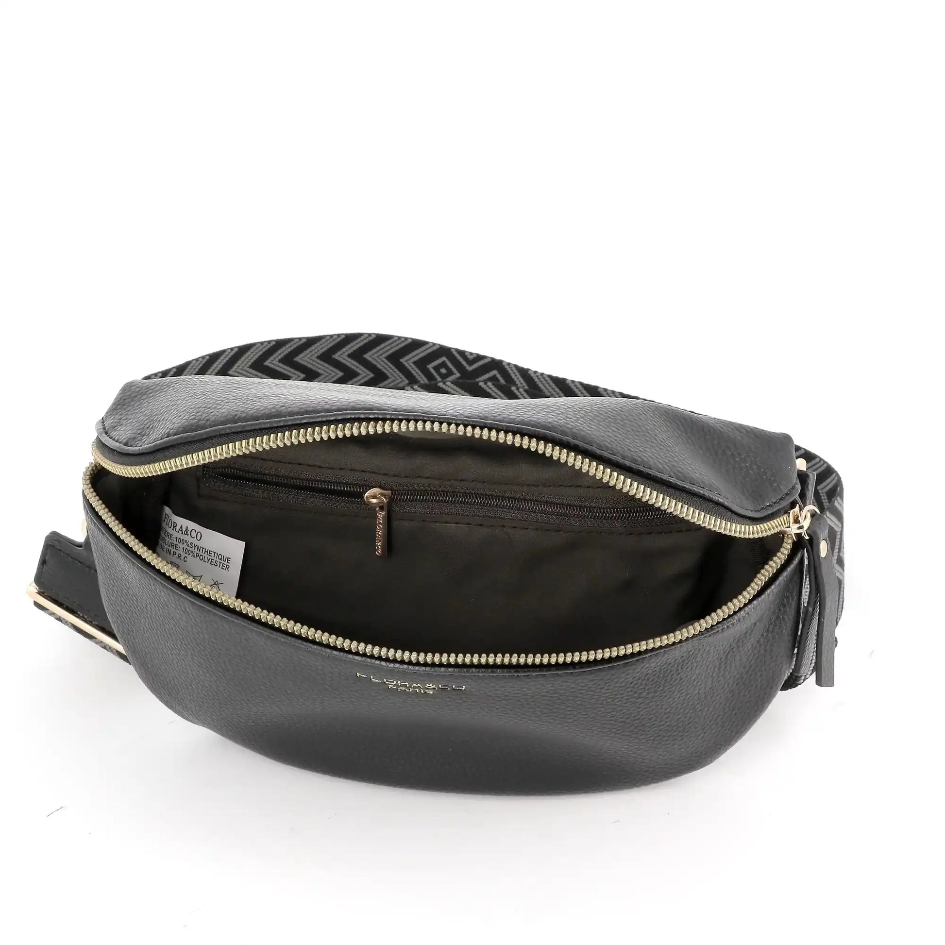 Flora & co Sac banane femme brodée pu cuir grainé noir