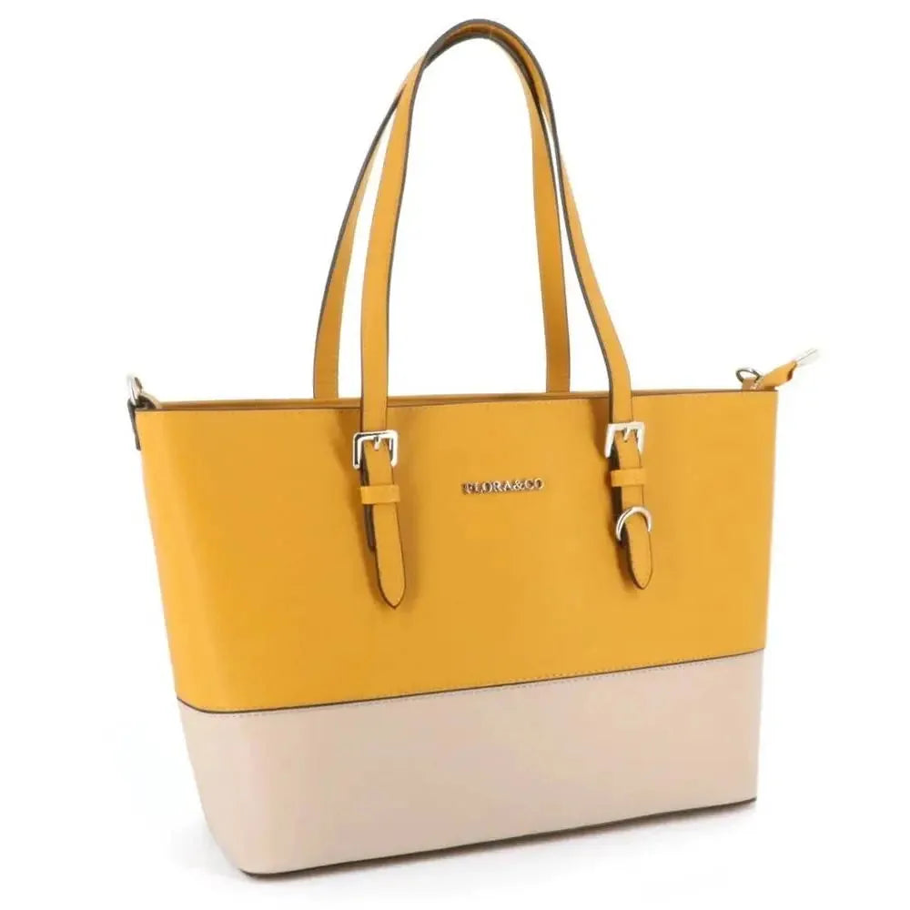 Sac cabas femme bicolore format a4 moutarde beige Flora & co