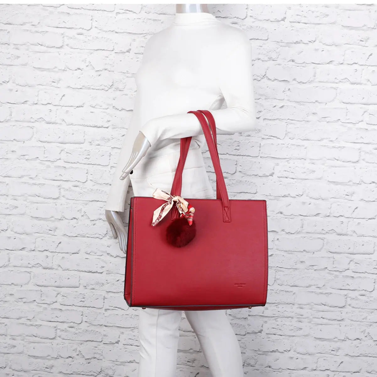 Gallantry Sac cabas femme pompon fourrure a4 rouge