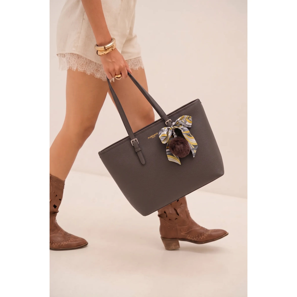 Sac à Main Femme Pompon Foulard Chocolat
