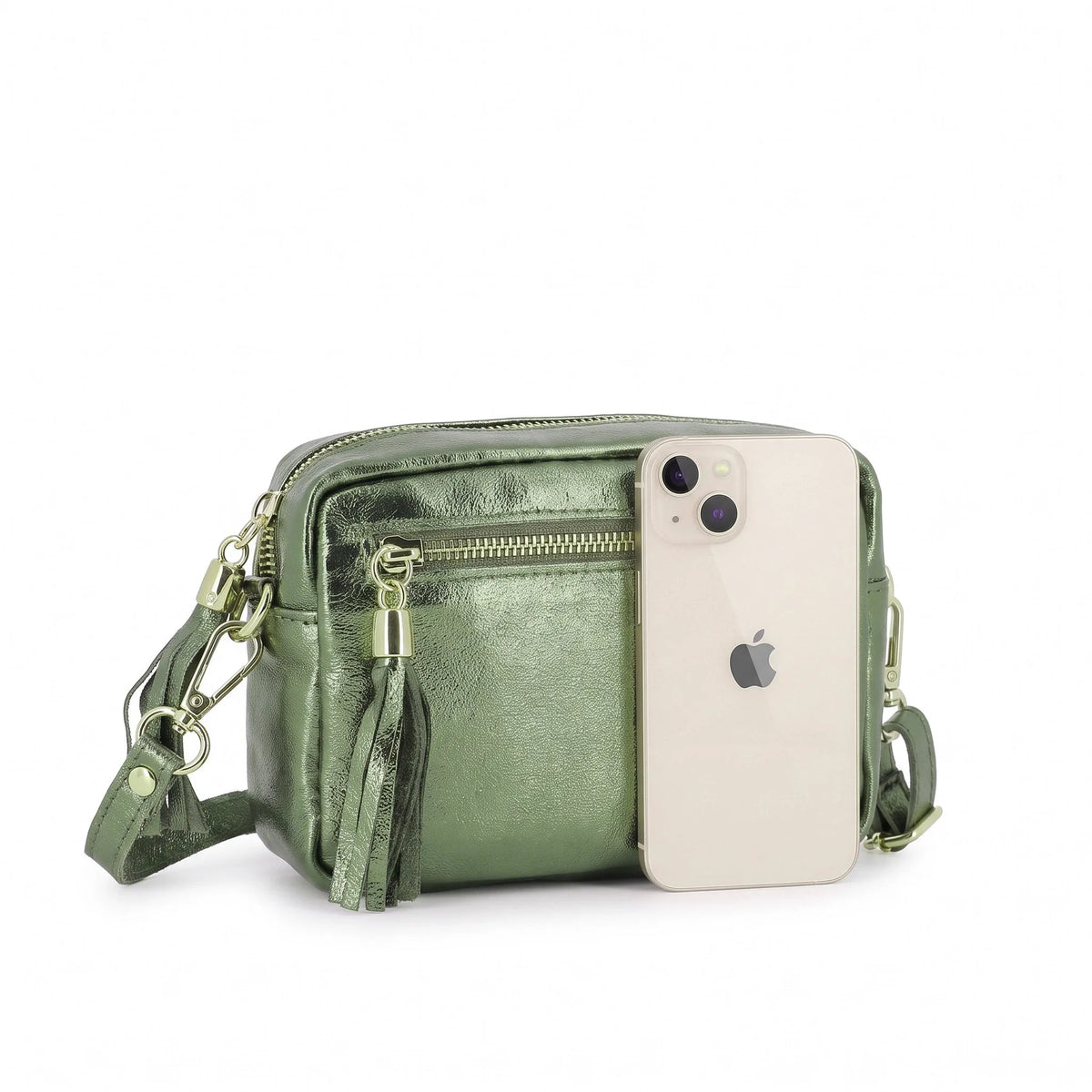Sac bandoulière femme cuir irisé vert olive élégant.