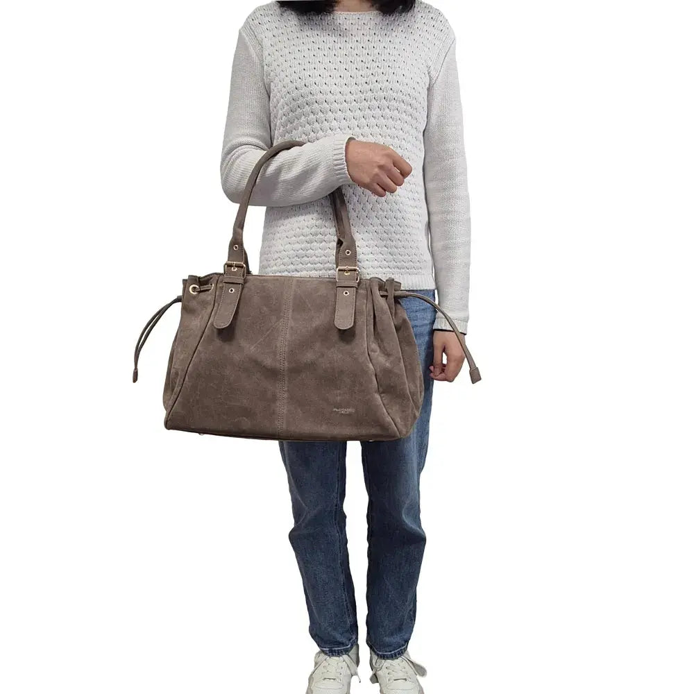 Sac Cabas Bowling Lacet Suédé Taupe