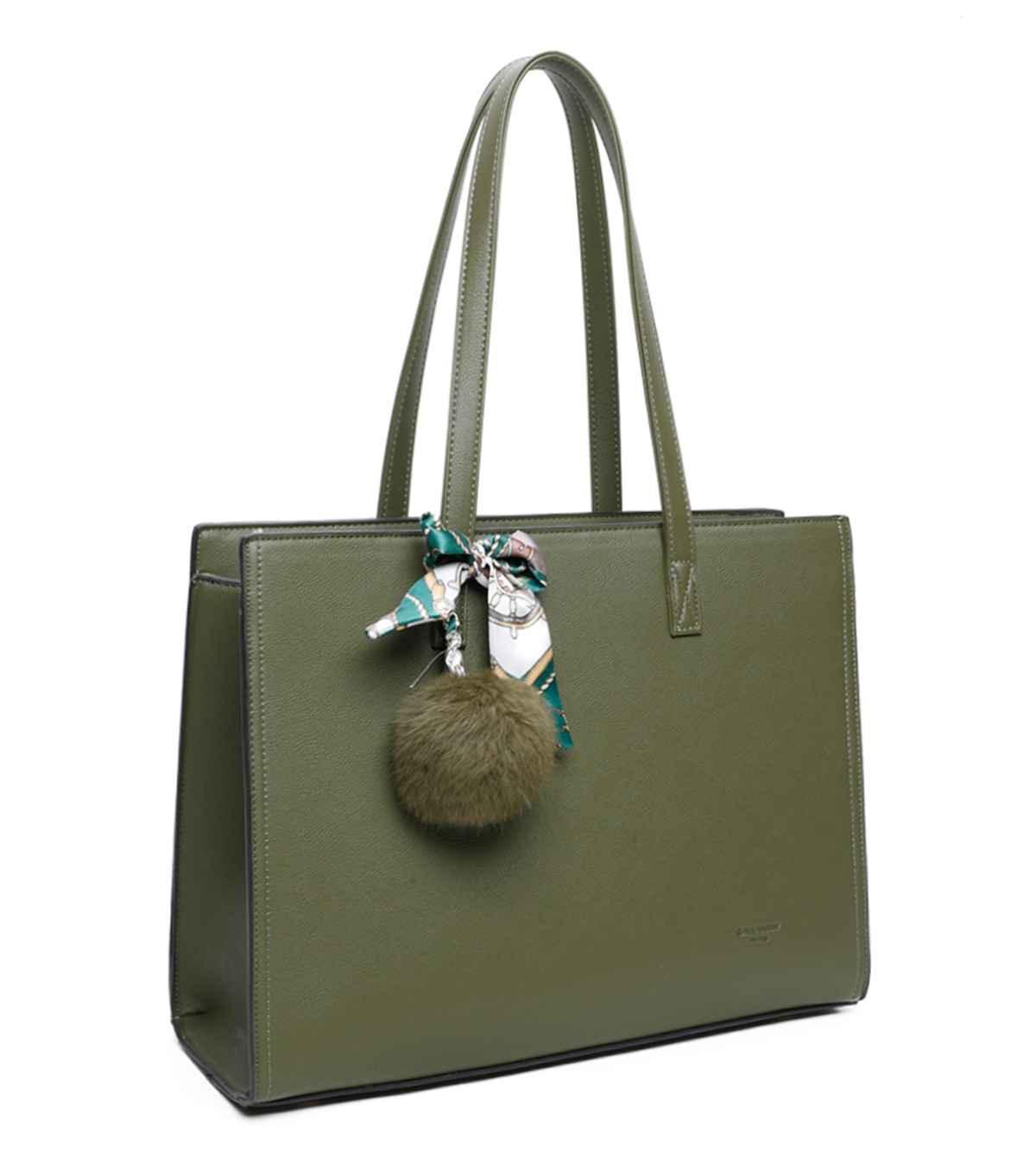 Gallantry - Sac cabas femme pompon fourrure a4 vert