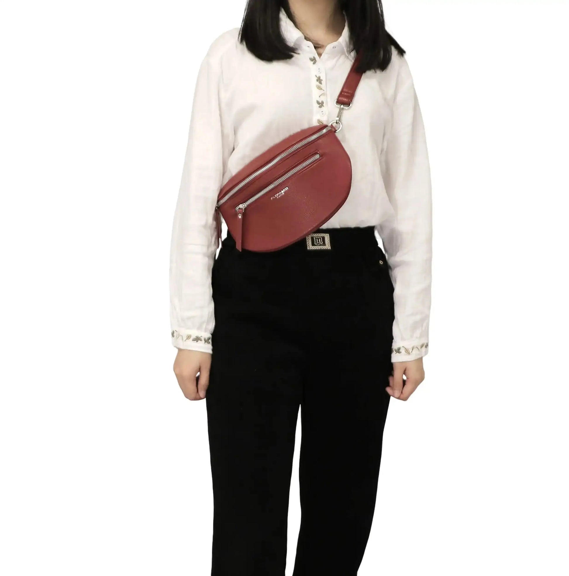 Flora & co Sac banane bandoulière femme multipoches rouge foncé