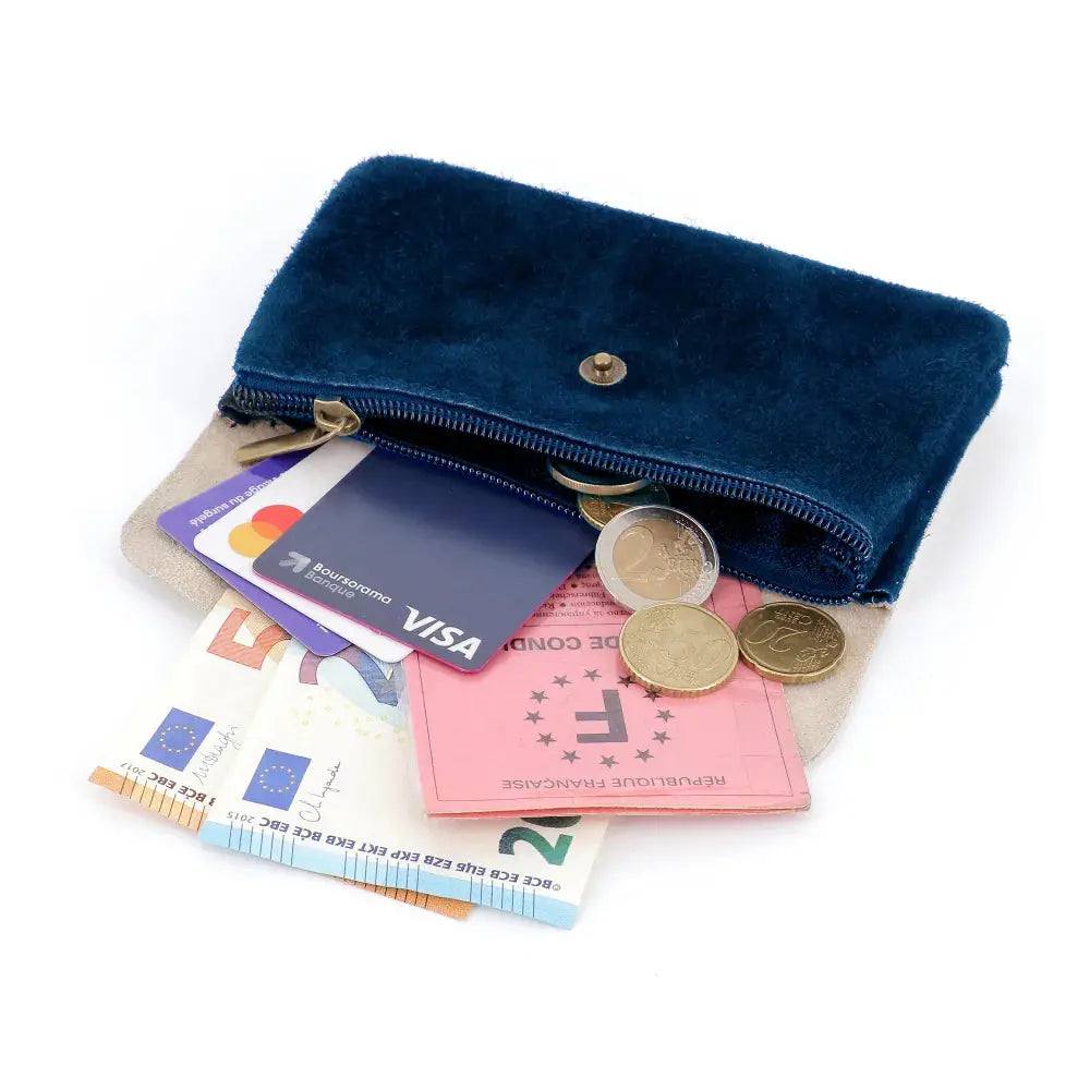 Porte-monnaie cartes femme irisé suède bleu
