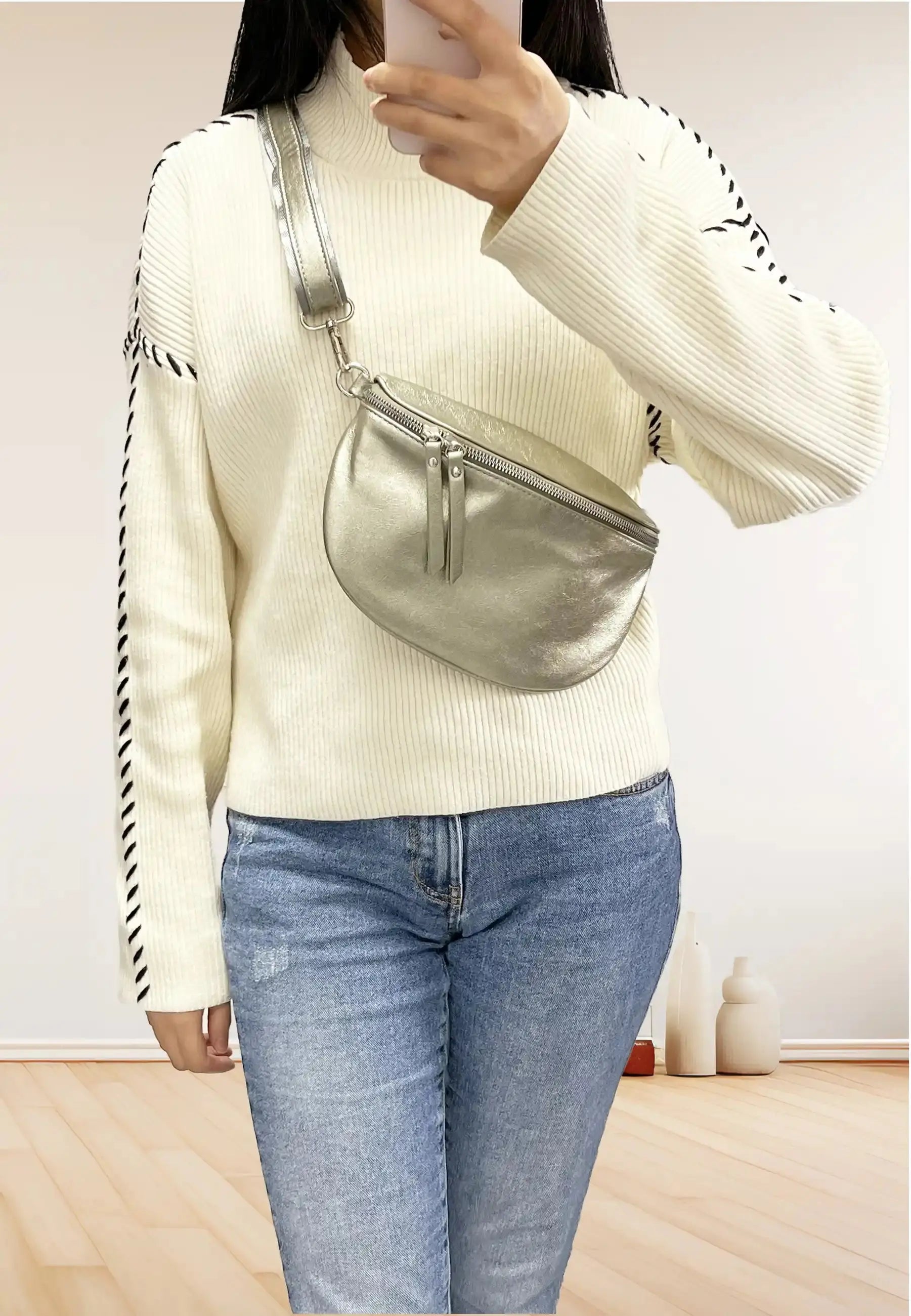 Flora & co Sac banane bandoulière femme irisé taupe métal