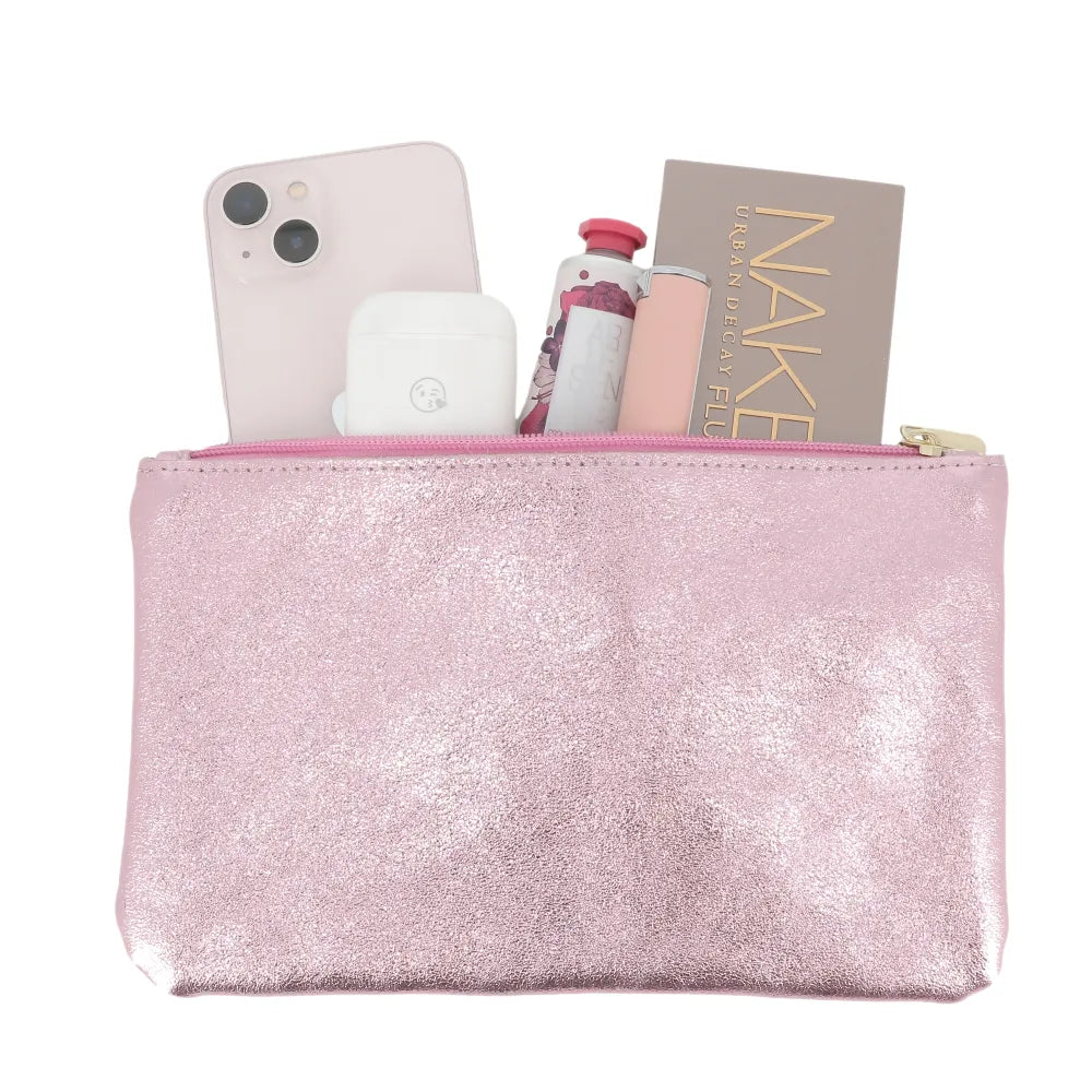 Pochette coméstique voyage cuir irisé Rose Made in Italy