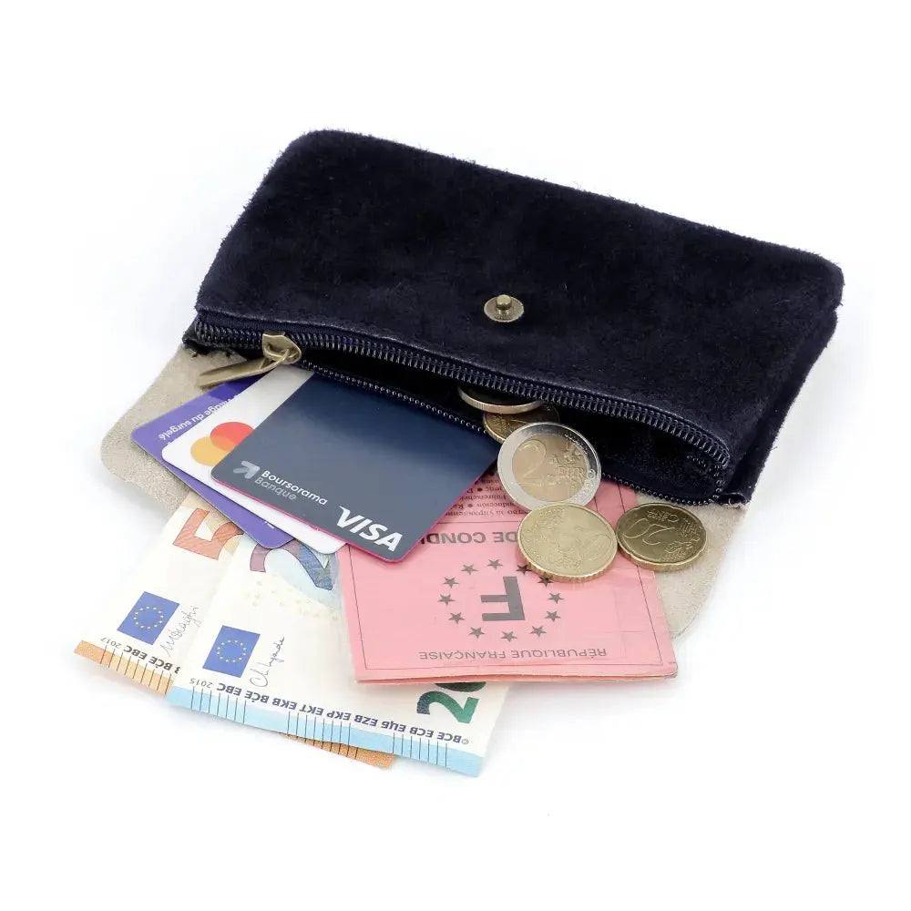 Porte-monnaie cartes femme irisé suède bleu marine